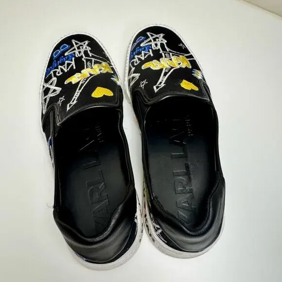 Karl Lagerfeld Paris Jazlyn Slip On Sneakers Size 8 Black Embroidered Graffiti - Picture 6 of 16